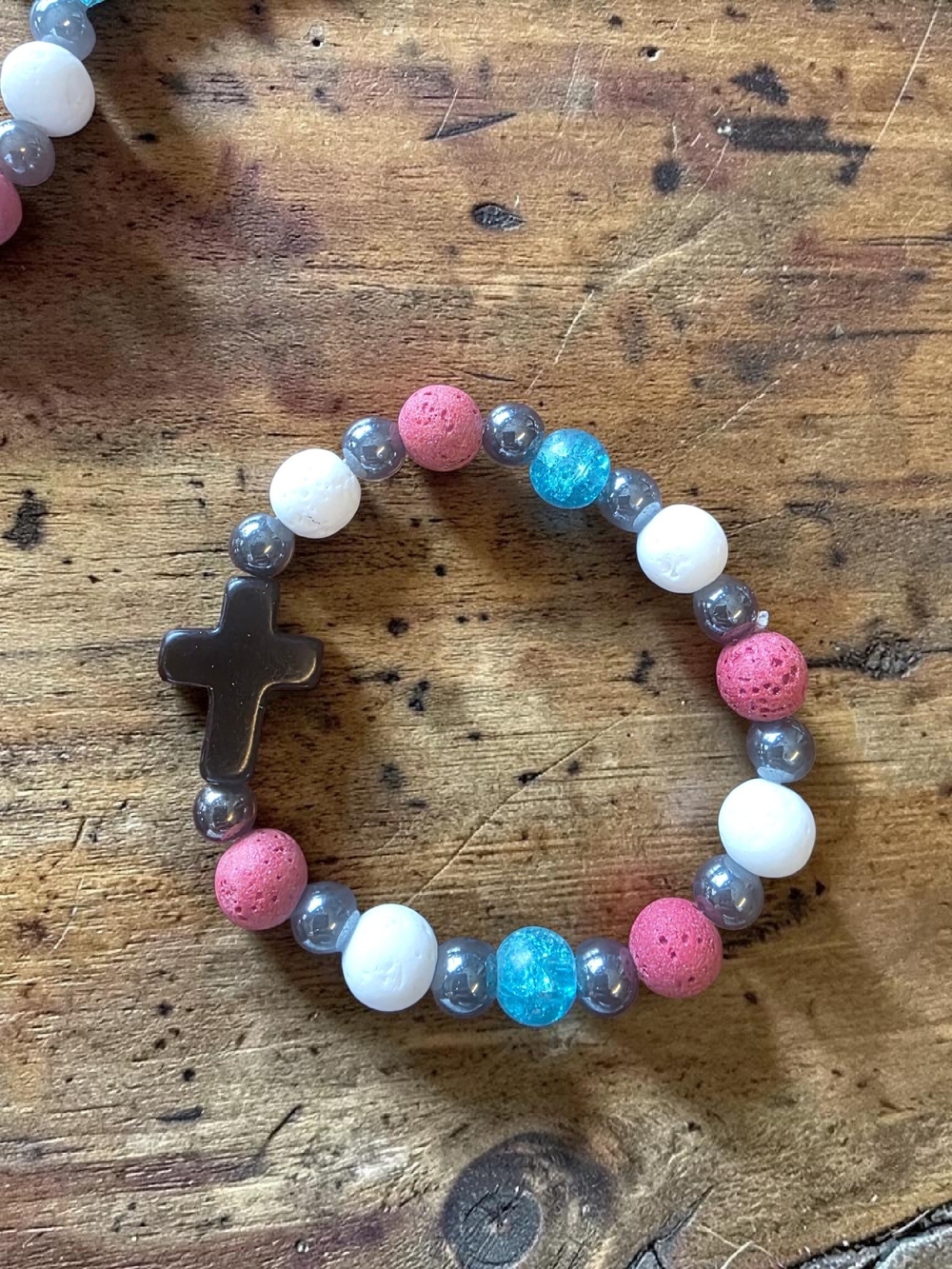Styleandstone Patriotic Red White Blue Lava Rock Cross Bracelet